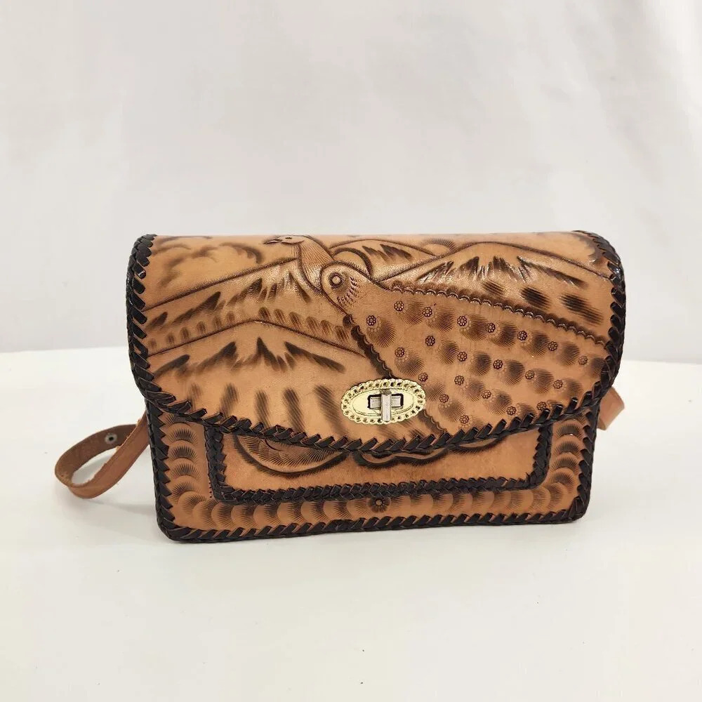 Tooled Leather Embossed Purse Birds Flowers Shells  Mexico